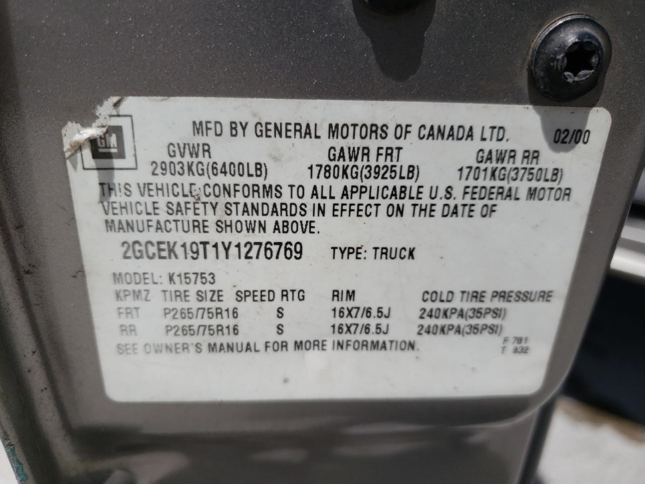 Photo 10 from auction – 2000 CHEVROLET SILVERADO with VIN 2GCEK19T1Y1276769