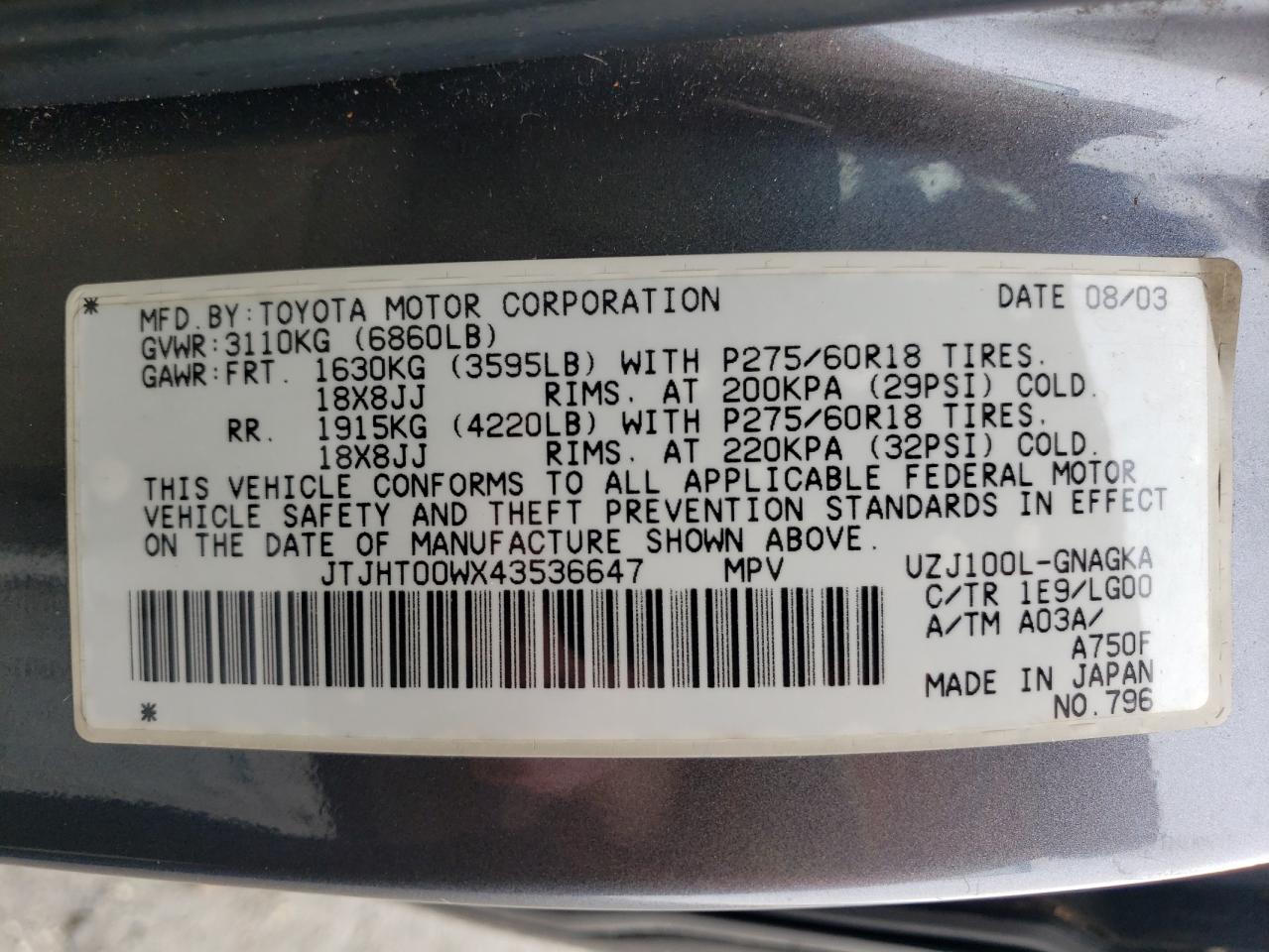 Photo 10 from auction – 2004 LEXUS LX 470 with VIN JTJHT00WX43536647