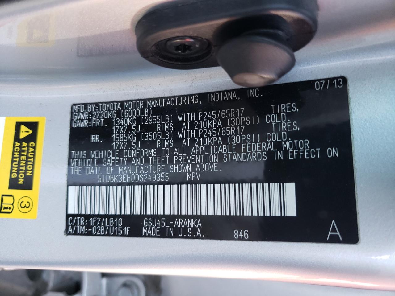 Photo 10 from auction – 2013 TOYOTA HIGHLANDER with VIN 5TDBK3EH0DS249355