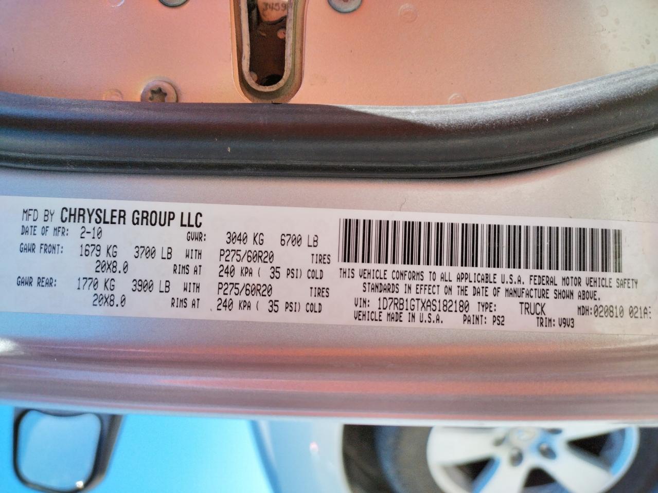 Photo 10 from auction – 2010 DODGE RAM 1500 with VIN 1D7RB1GTXAS182180