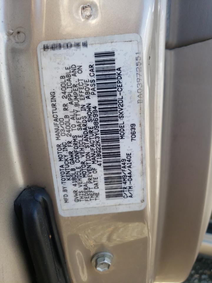 Photo 10 from auction – 2000 TOYOTA CAMRY CE with VIN 4T1BG22K3YU986994