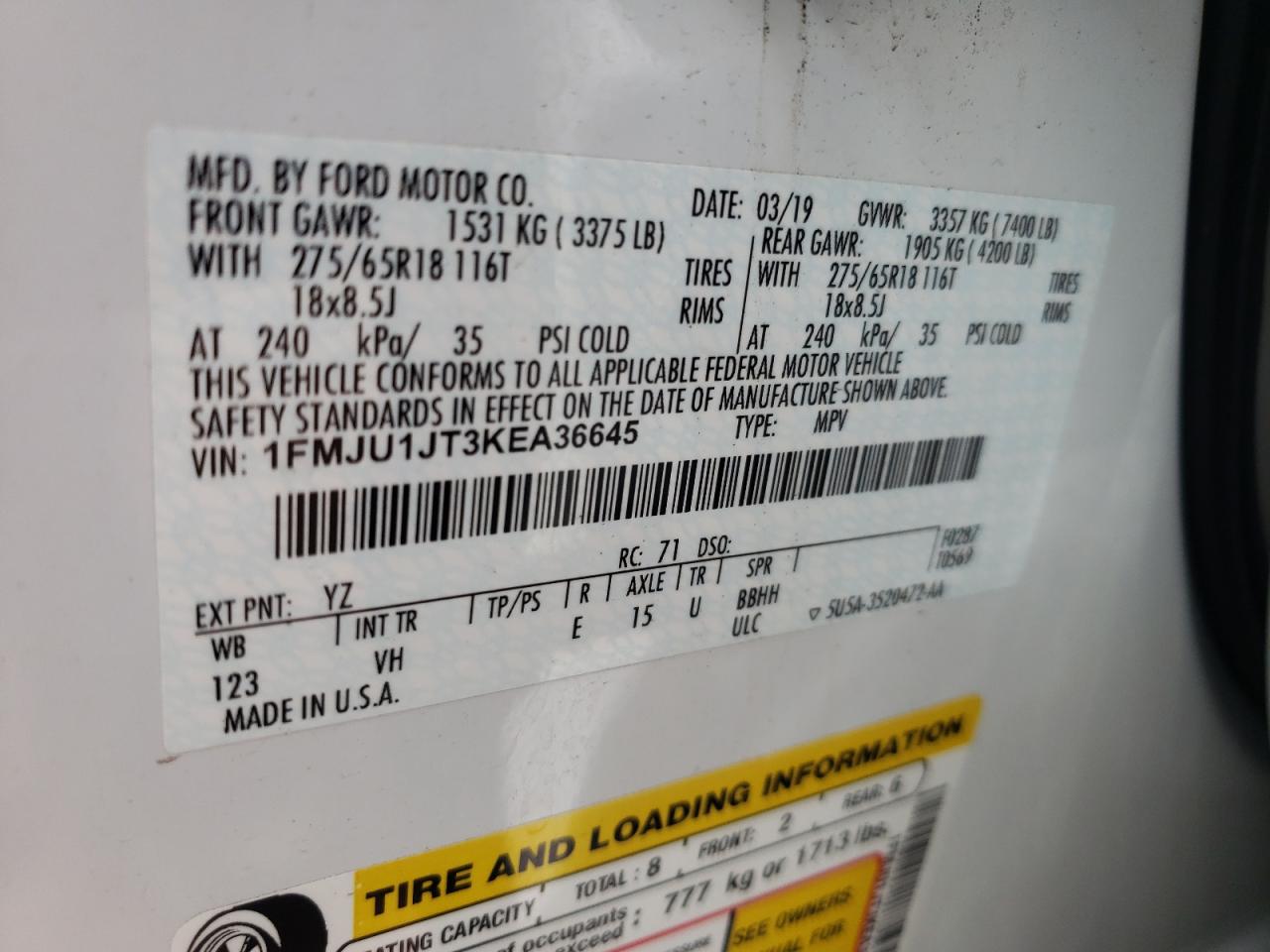 Photo 10 from auction – 2019 FORD EXPEDITION with VIN 1FMJU1JT3KEA36645