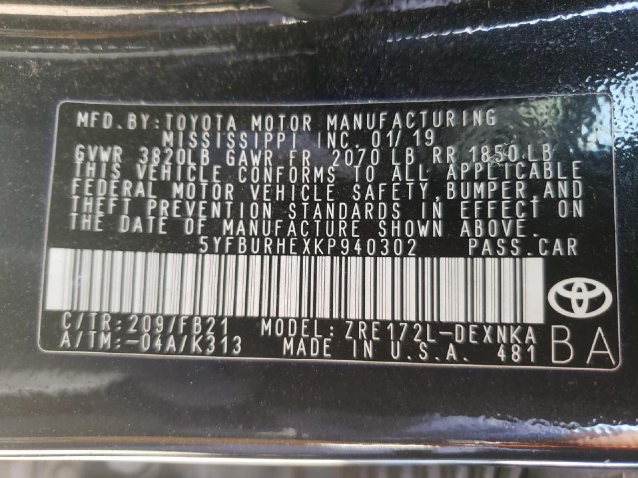 Photo 10 from auction – 2019 TOYOTA COROLLA L with VIN 5YFBURHEXKP940302