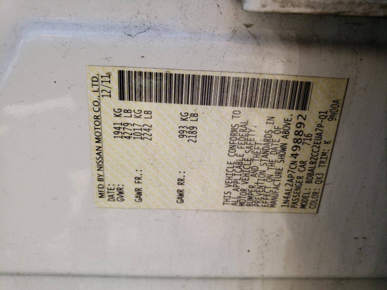 Photo 10 from auction – 2012 NISSAN ALTIMA BAS with VIN 1N4AL2AP7CN498892