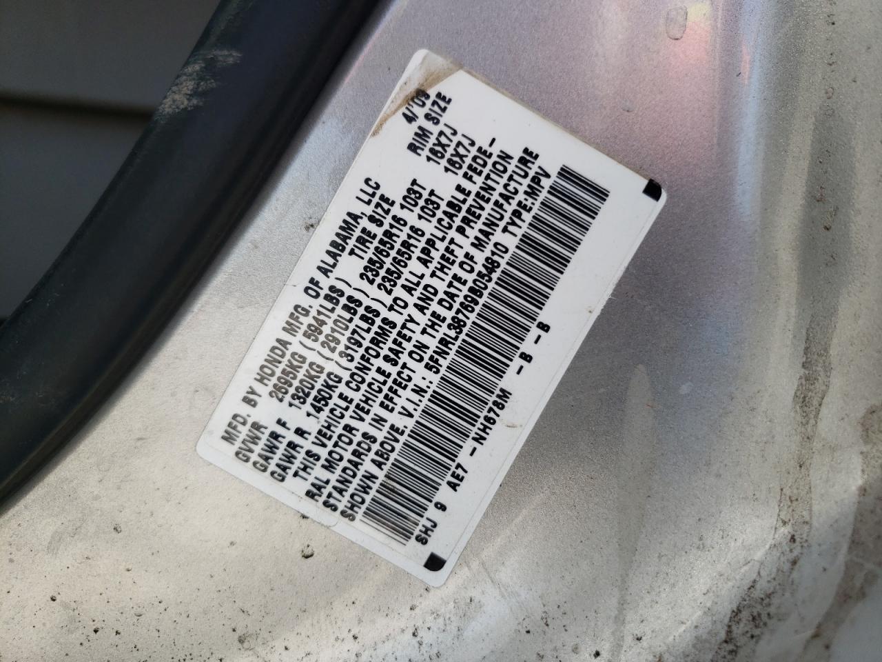 Photo 10 from auction – 2009 HONDA ODYSSEY EX with VIN 5FNRL38769B054810