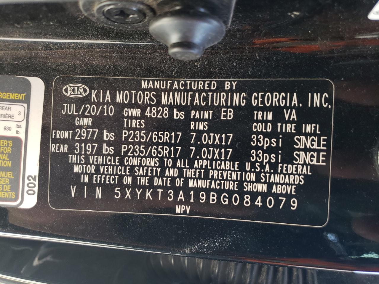 Photo 10 from auction – 2011 KIA SORENTO BA with VIN 5XYKT3A19BG084079