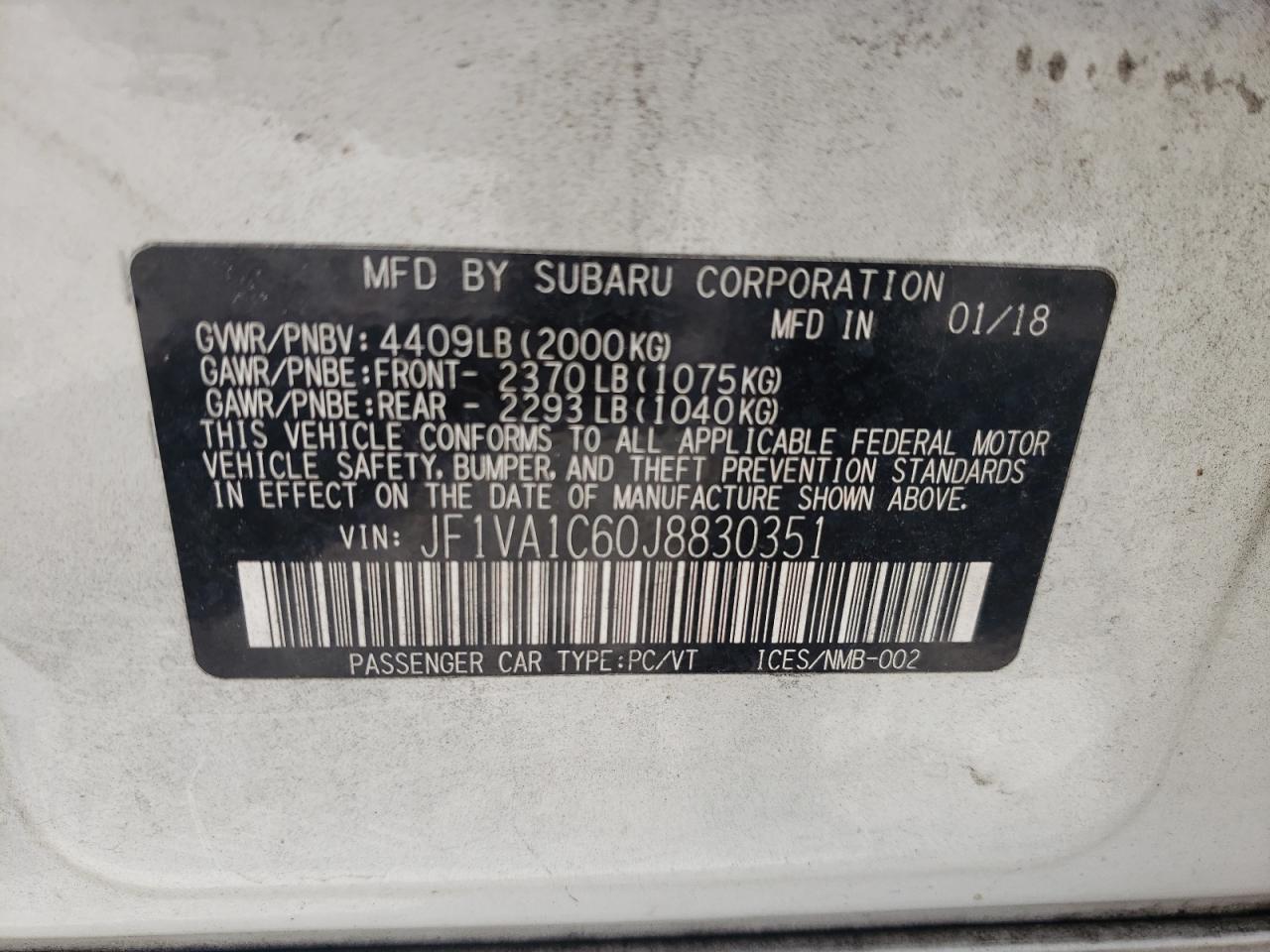 Photo 10 from auction – 2018 SUBARU WRX PREMIU with VIN JF1VA1C60J8830351