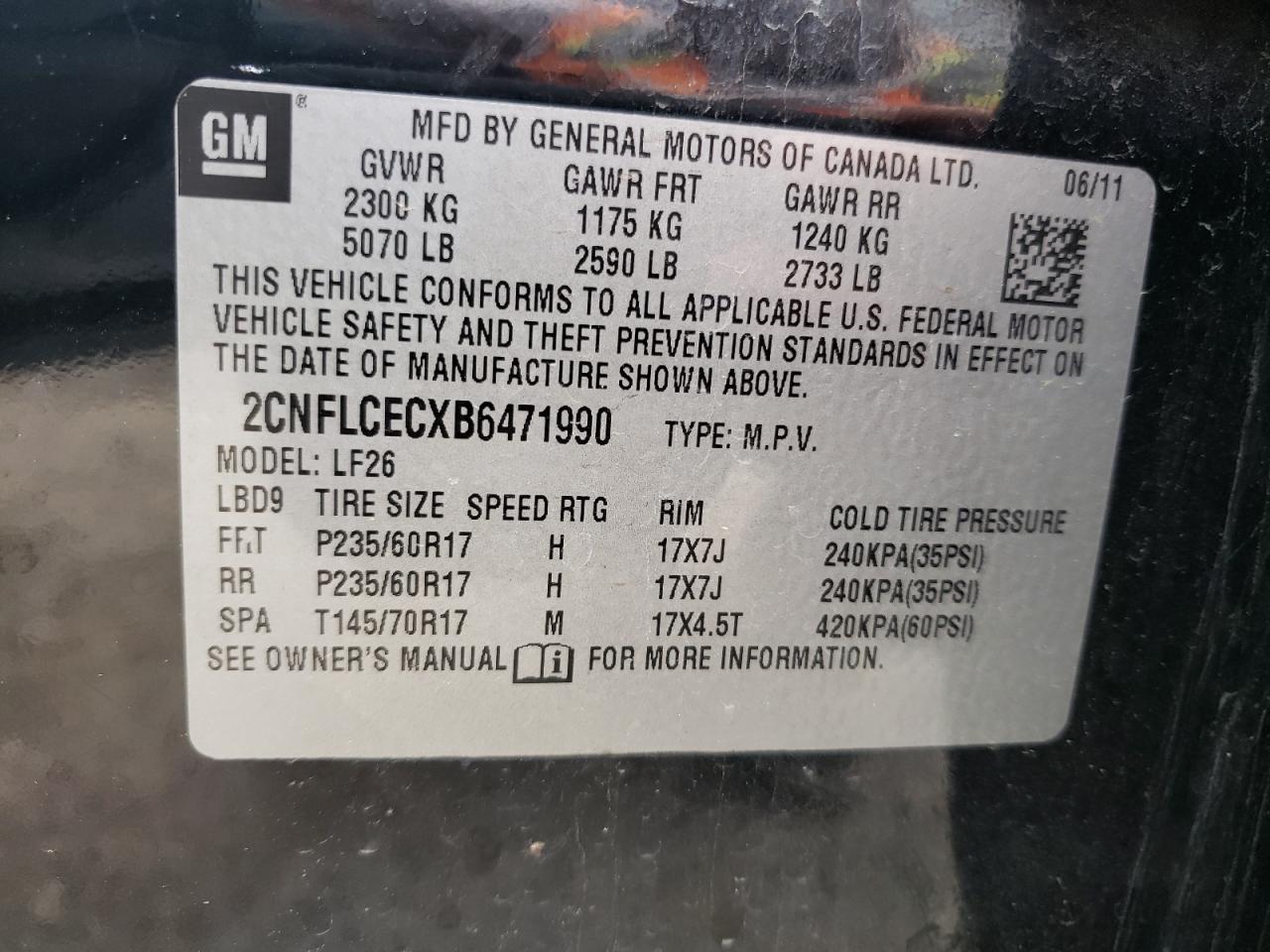 Photo 10 from auction – 2011 CHEVROLET EQUINOX LS with VIN 2CNFLCECXB6471990