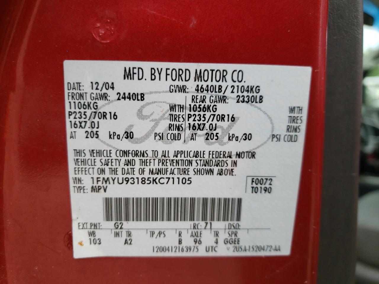 Photo 10 from auction – 2005 FORD ESCAPE XLT with VIN 1FMYU93185KC71105