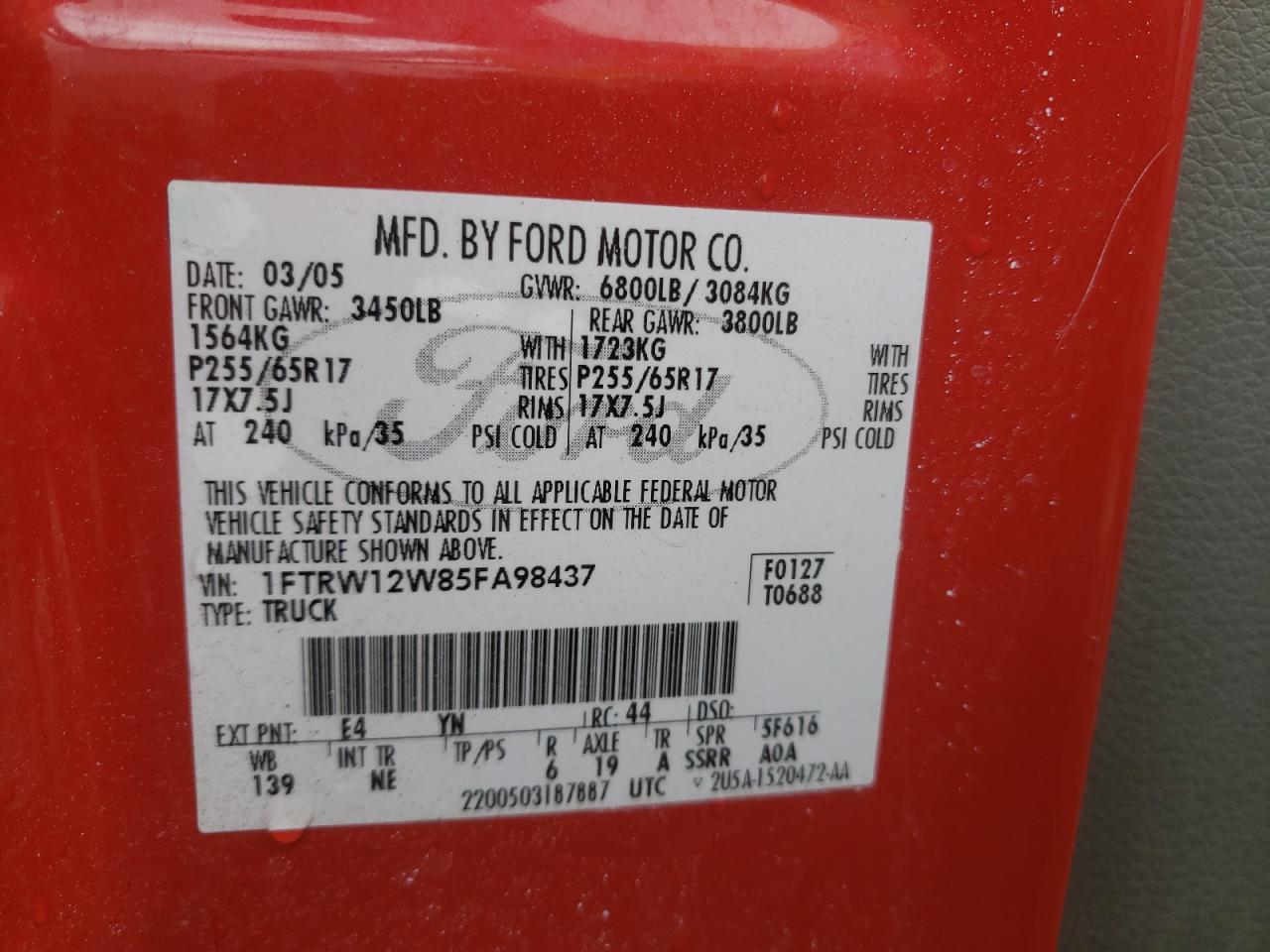 Photo 10 from auction – 2005 FORD F150 SUPER with VIN 1FTRW12W85FA98437