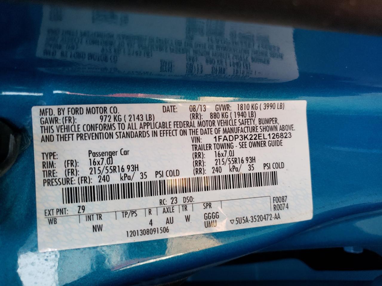 Photo 10 from auction – 2014 FORD FOCUS SE with VIN 1FADP3K22EL126823