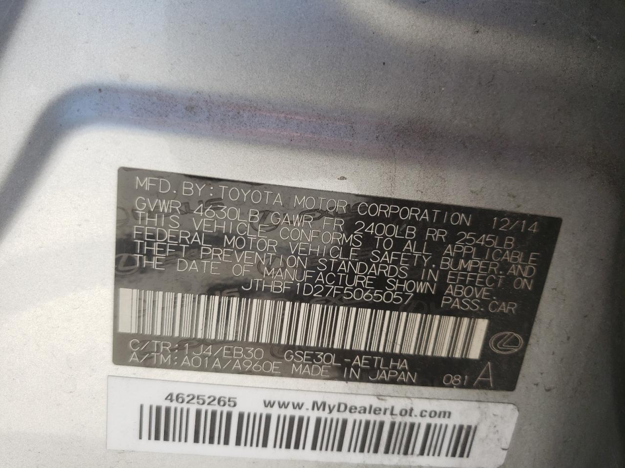 Photo 10 from auction – 2015 LEXUS IS 250 with VIN JTHBF1D27F5065057