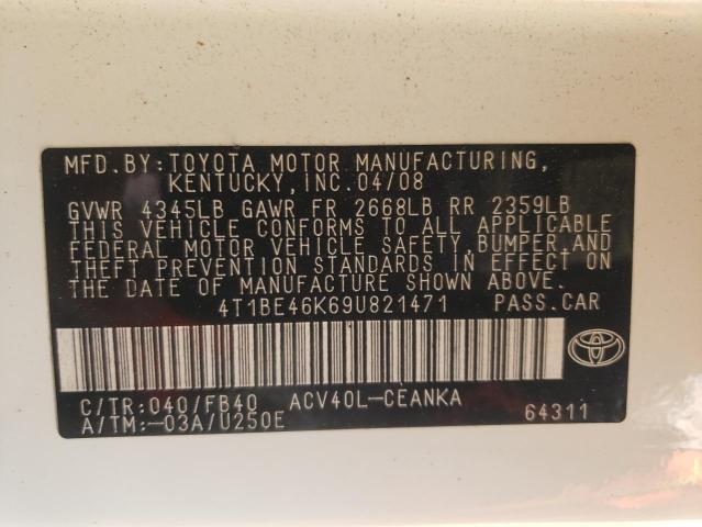 TOYOTA CAMRY BASE 2009 with VIN 4T1BE46K69U821471 - Photo from auction