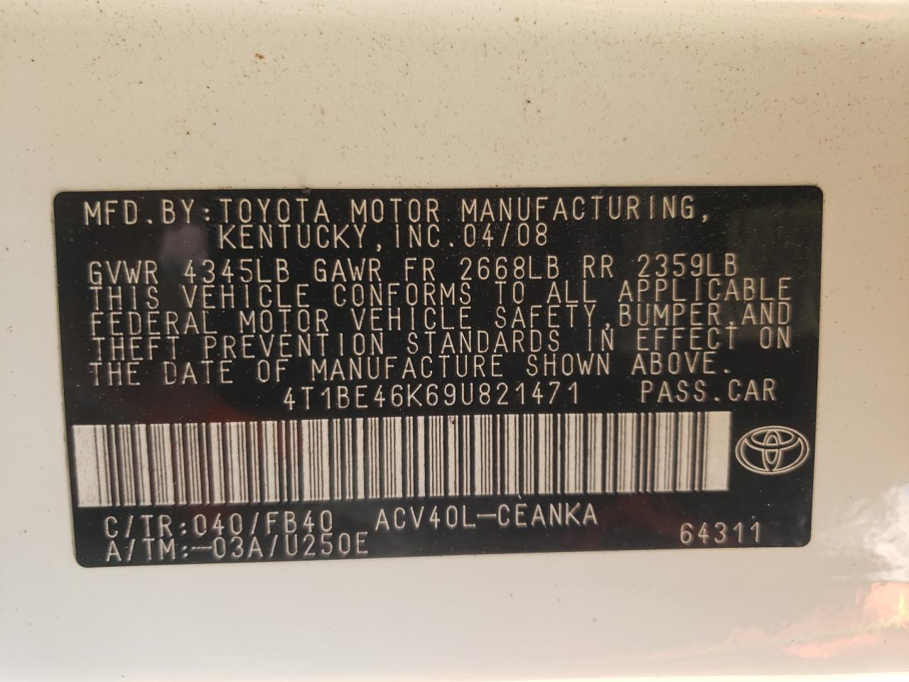 Photo 11 from auction – 2009 TOYOTA CAMRY BASE with VIN 4T1BE46K69U821471