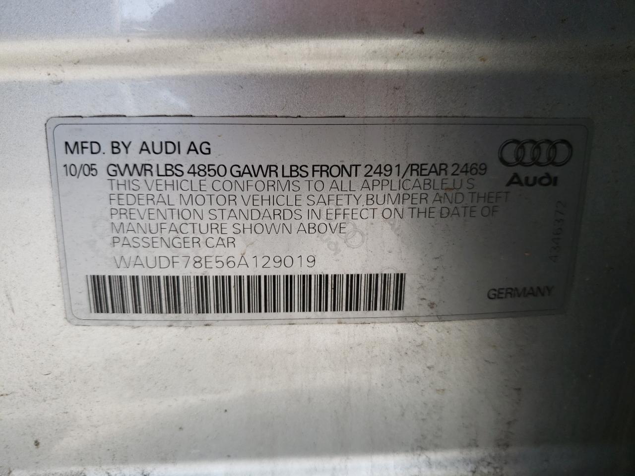 Photo 10 from auction – 2006 AUDI A4 2.0T QU with VIN WAUDF78E56A129019