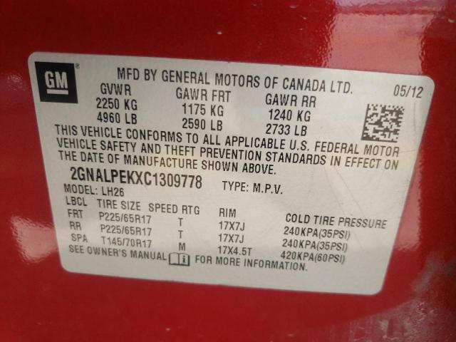 Photo 10 from auction – 2012 CHEVROLET EQUINOX LT with VIN 2GNALPEKXC1309778