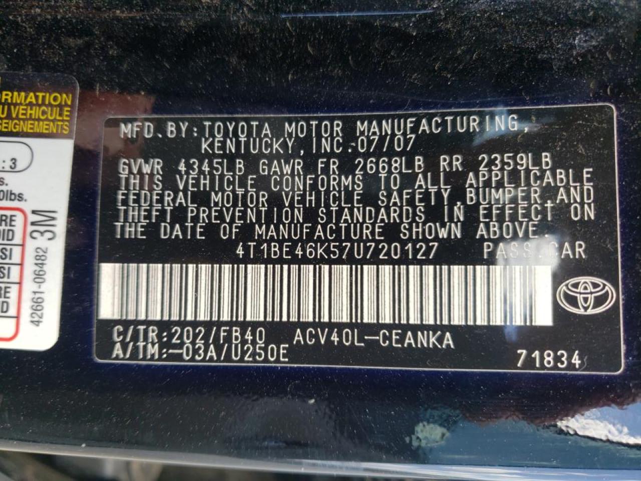Photo 10 from auction – 2007 TOYOTA CAMRY CE with VIN 4T1BE46K57U720127