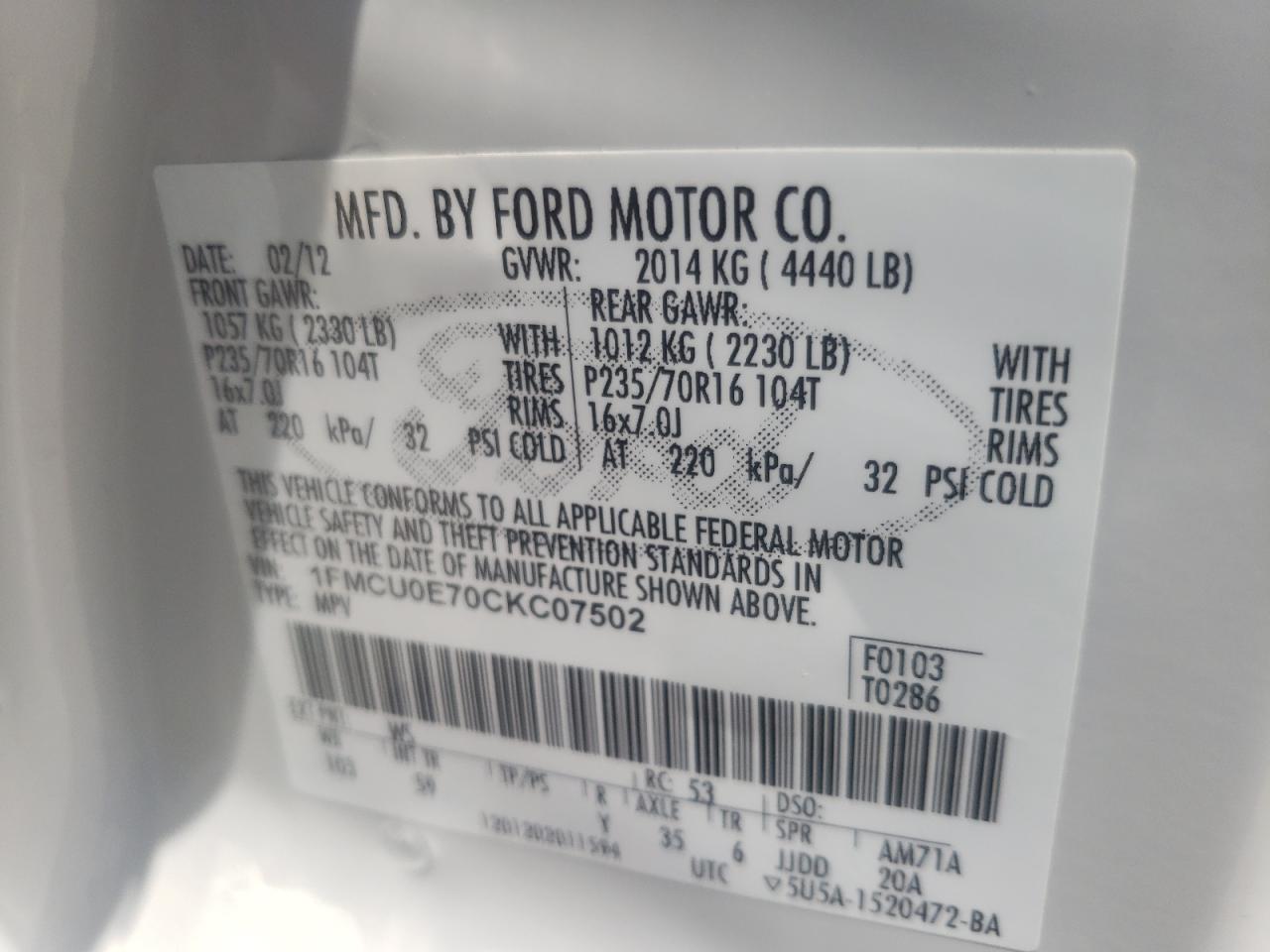 Photo 10 from auction – 2012 FORD ESCAPE LIM with VIN 1FMCU0E70CKC07502