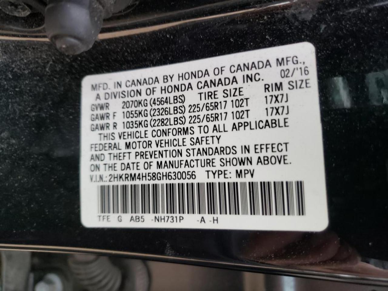 Photo 10 from auction – 2016 HONDA CR-V EX with VIN 2HKRM4H58GH630056