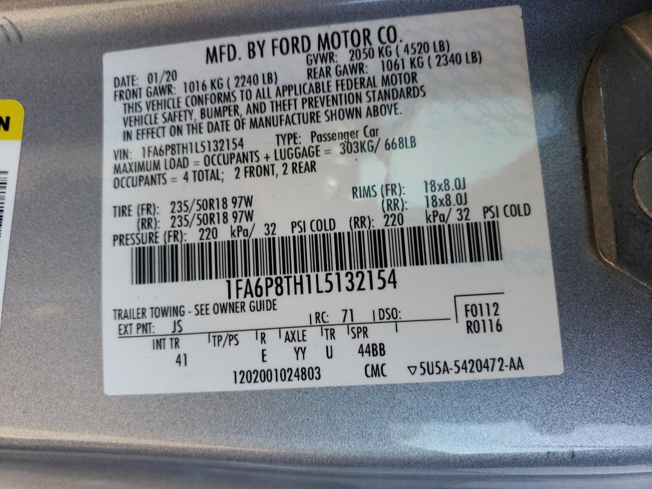 Photo 10 from auction – 2020 FORD MUSTANG with VIN 1FA6P8TH1L5132154