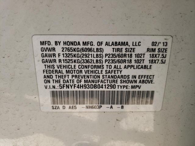 Photo 10 from auction – 2013 HONDA PILOT TOUR with VIN 5FNYF4H93DB041290