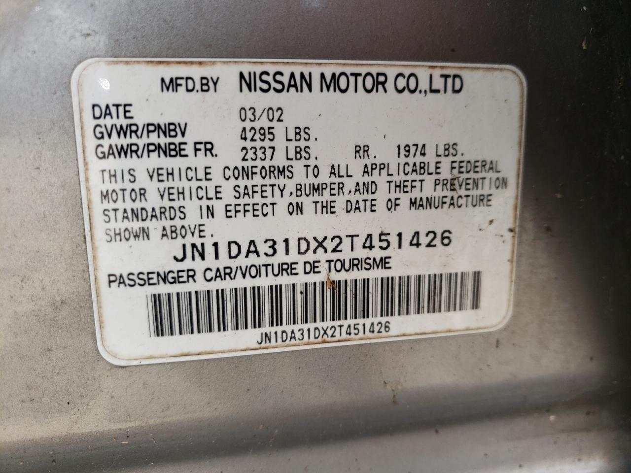 Photo 10 from auction – 2002 NISSAN MAXIMA GLE with VIN JN1DA31DX2T451426