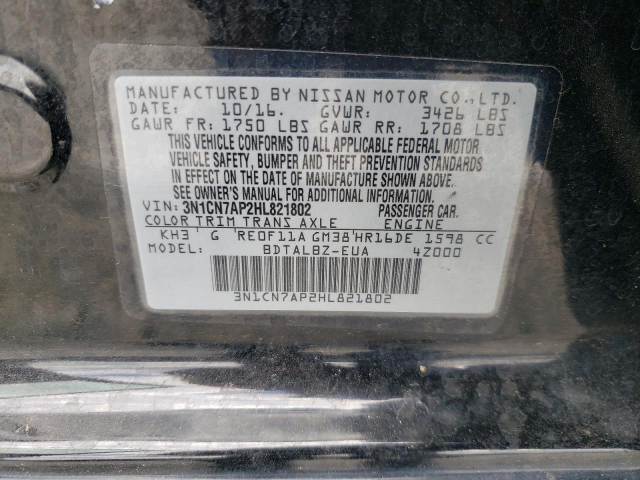 Photo 10 from auction – 2017 NISSAN VERSA S with VIN 3N1CN7AP2HL821802
