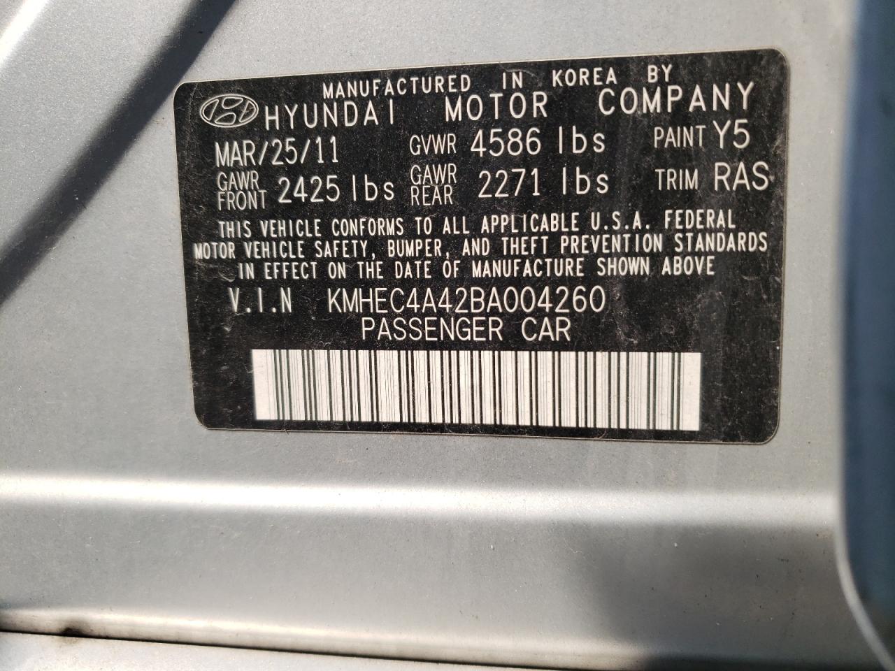 Photo 10 from auction – 2011 HYUNDAI SONATA HYB with VIN KMHEC4A42BA004260