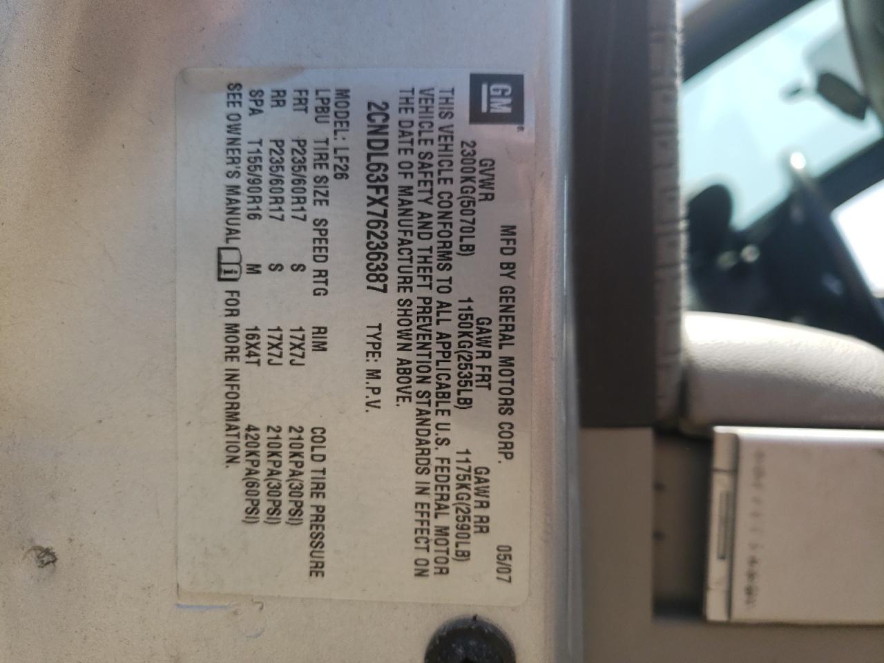 Photo 10 from auction – 2007 CHEVROLET EQUINOX LT with VIN 2CNDL63FX76236387