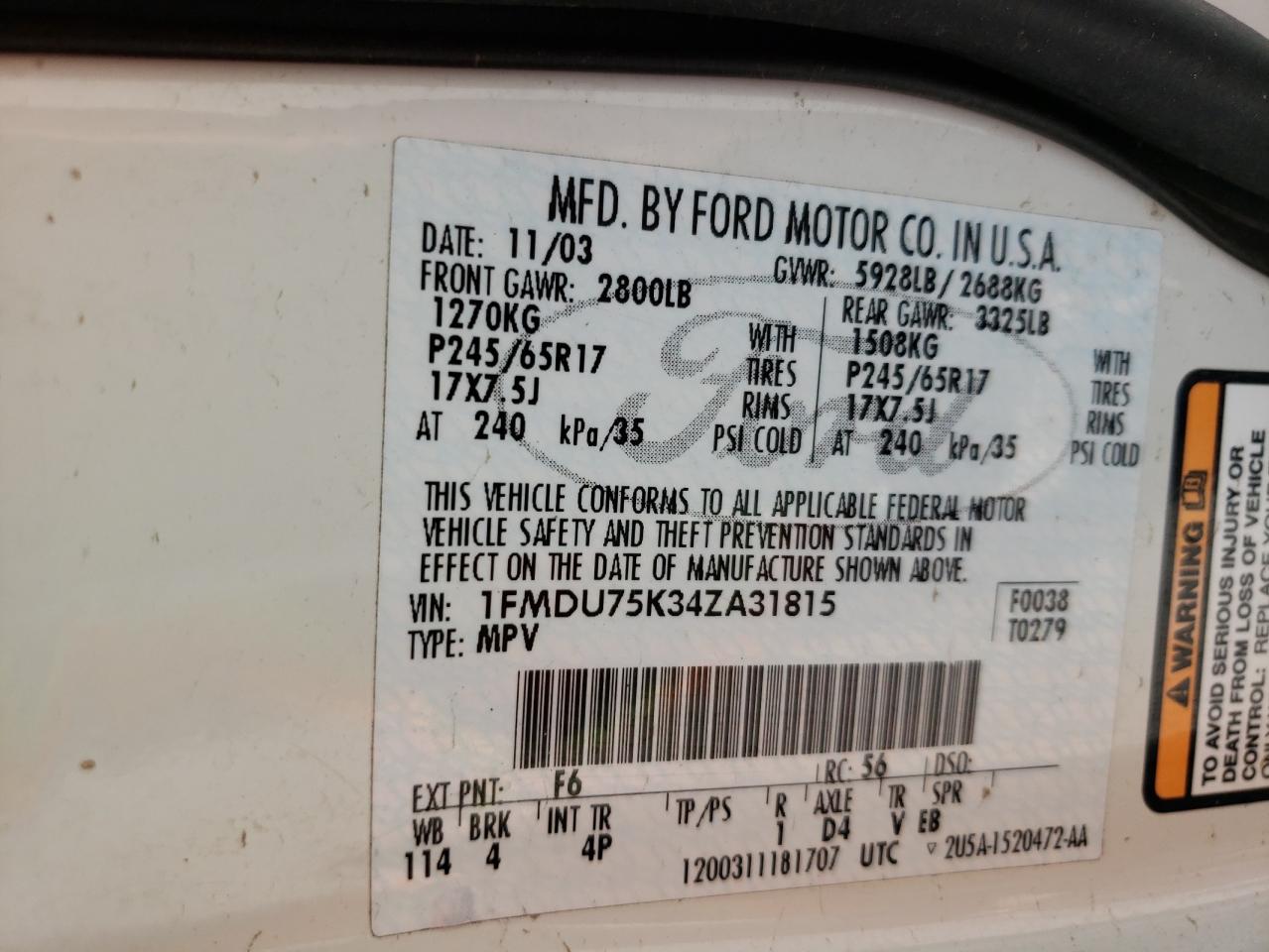 Photo 10 from auction – 2004 FORD EXPLORER L with VIN 1FMDU75K34ZA31815