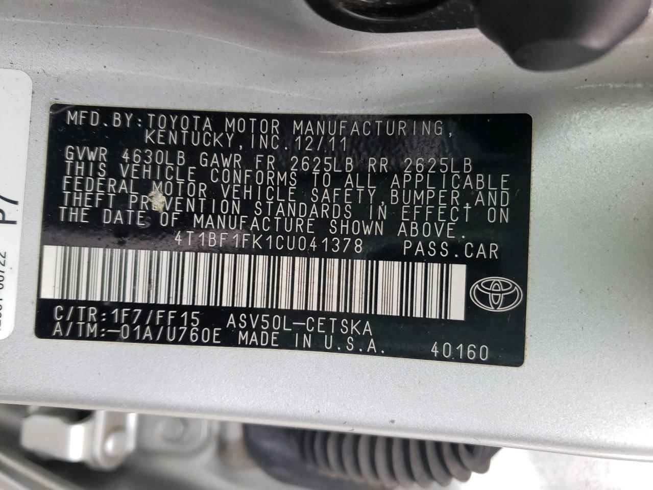 Photo 10 from auction – 2012 TOYOTA CAMRY BASE with VIN 4T1BF1FK1CU041378