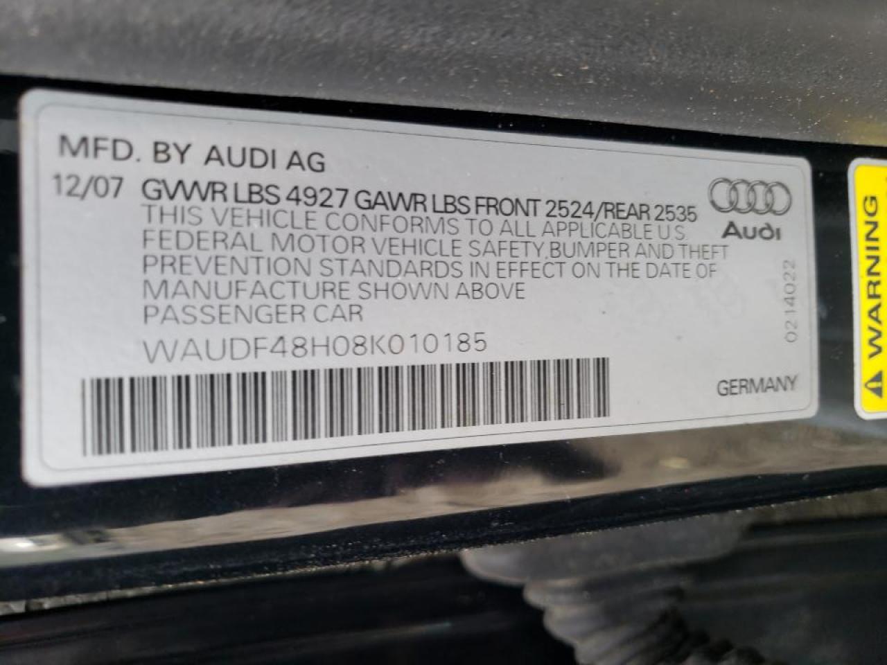 Photo 10 from auction – 2008 AUDI A4 2.0T CA with VIN WAUDF48H08K010185
