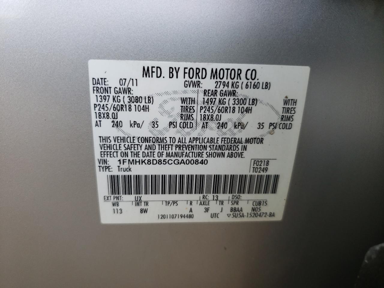 Photo 10 from auction – 2012 FORD EXPLORER X with VIN 1FMHK8D85CGA00840
