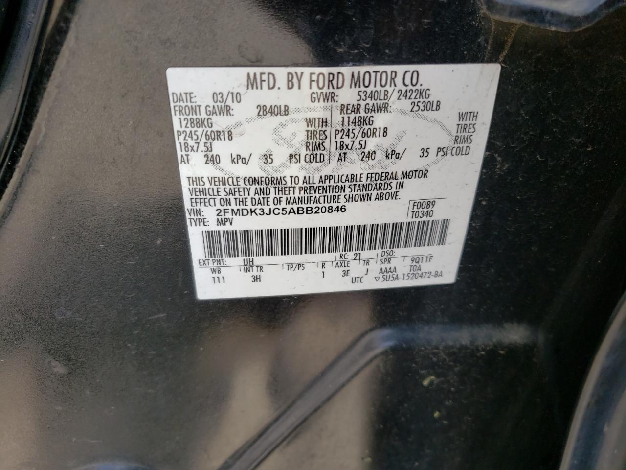 Photo 10 from auction – 2010 FORD EDGE SEL with VIN 2FMDK3JC5ABB20846