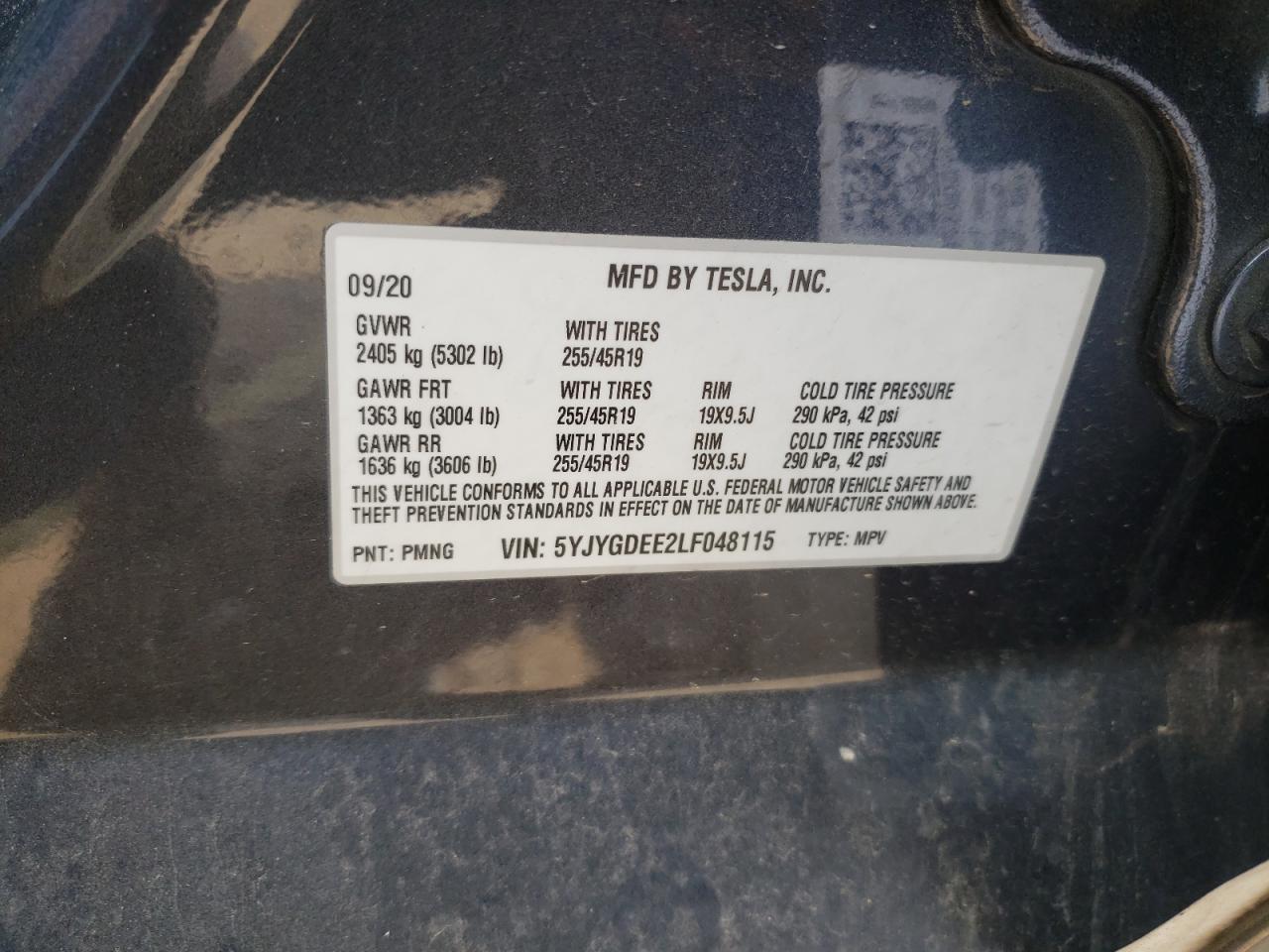 Photo 10 from auction – 2020 TESLA MODEL Y with VIN 5YJYGDEE2LF048115