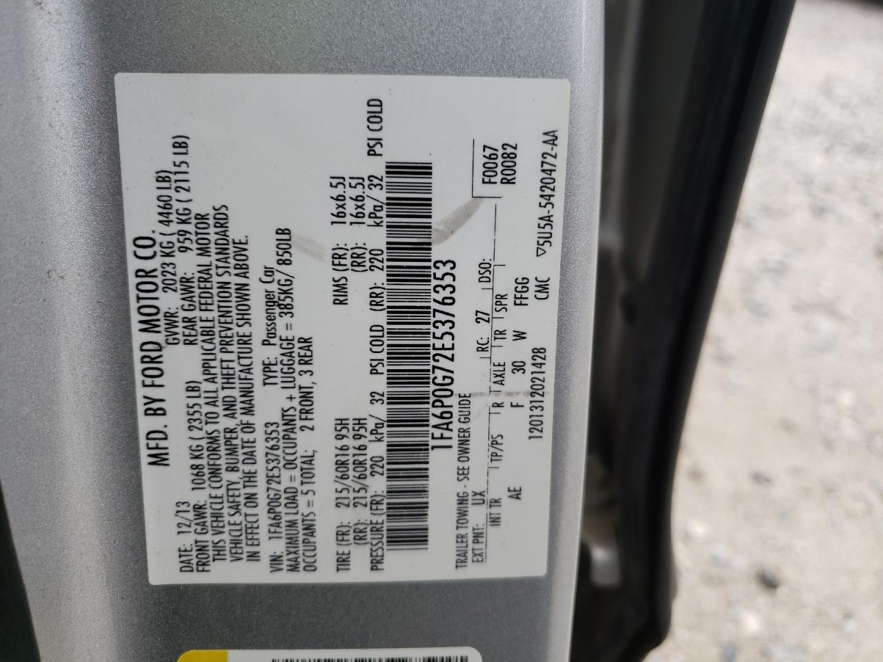 Photo 10 from auction – 2014 FORD FUSION S with VIN 1FA6P0G72E5376353