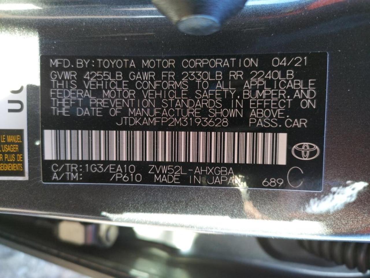 Photo 10 from auction – 2021 TOYOTA PRIUS PRIM with VIN JTDKAMFP2M3193628