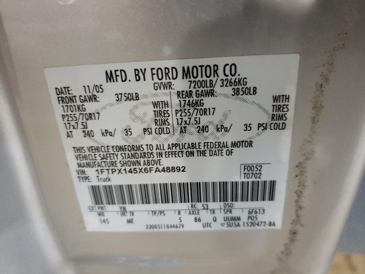 Photo 10 from auction – 2006 FORD F150 with VIN 1FTPX145X6FA48892