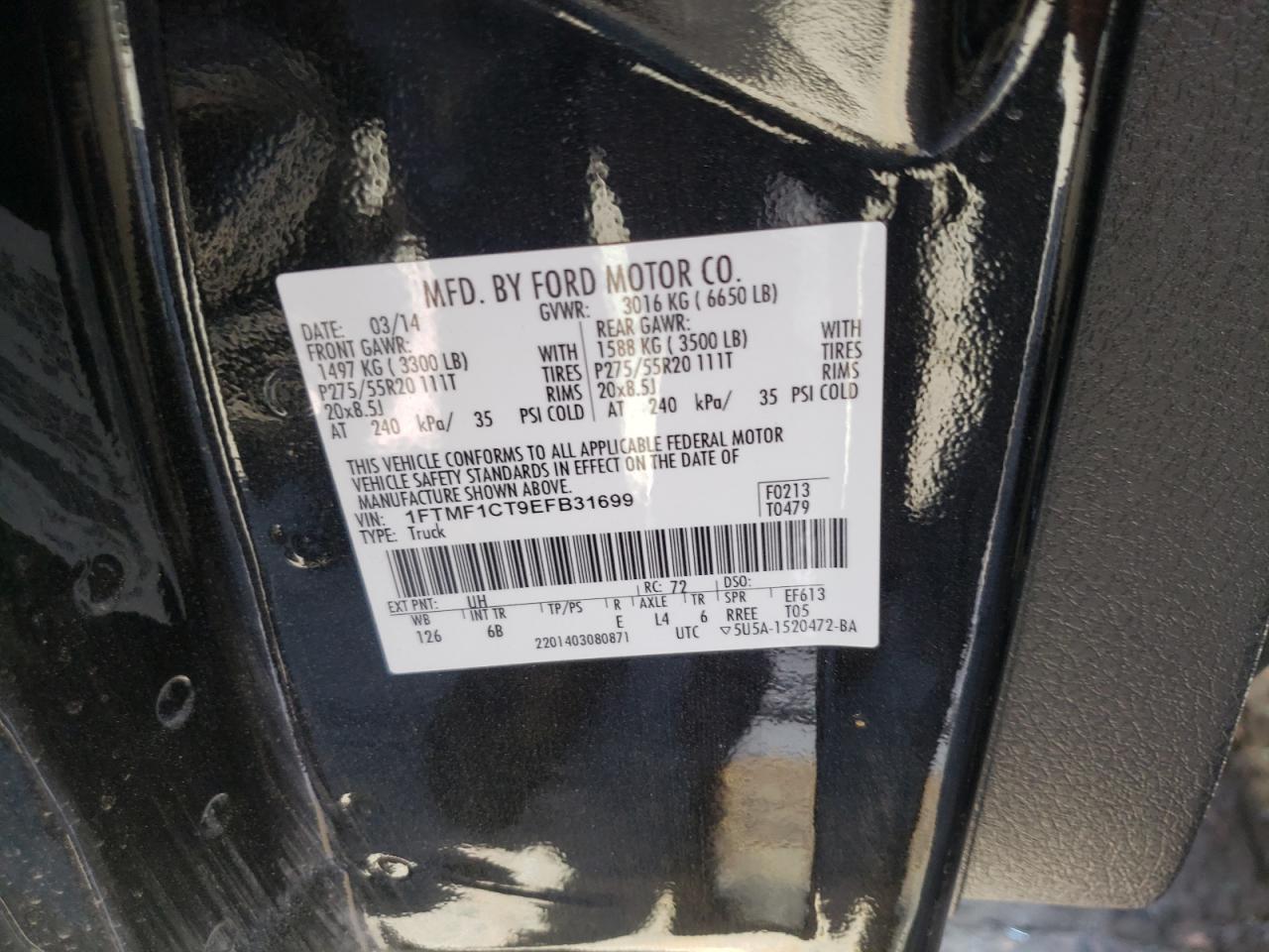 Photo 10 from auction – 2014 FORD F150 with VIN 1FTMF1CT9EFB31699