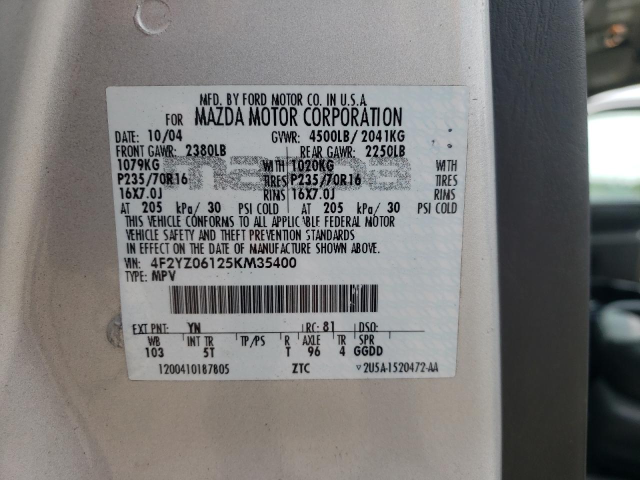 Photo 10 from auction – 2005 MAZDA TRIBUTE S with VIN 4F2YZ06125KM35400