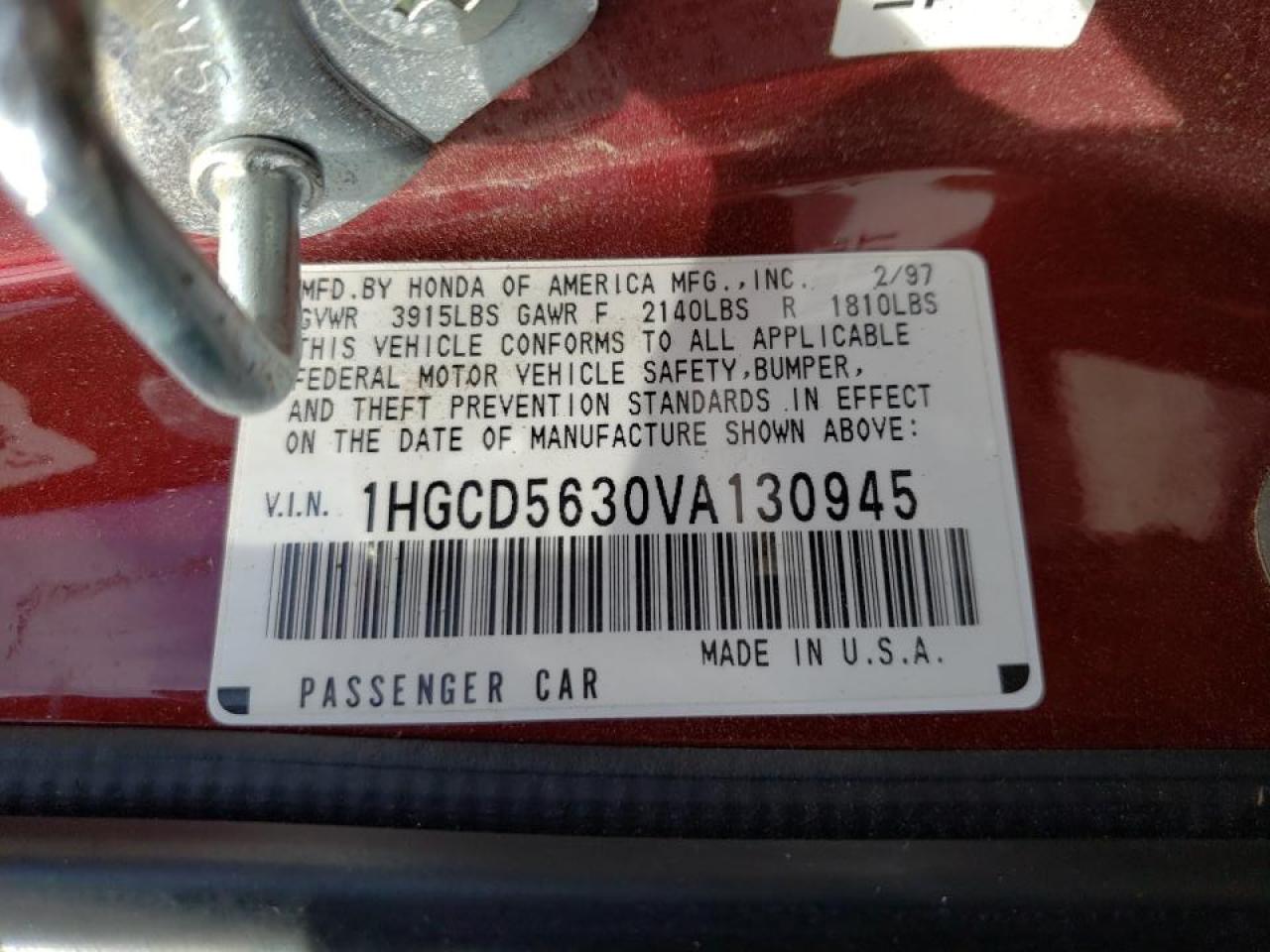 Photo 10 from auction – 1997 HONDA ACCORD with VIN 1HGCD5630VA130945