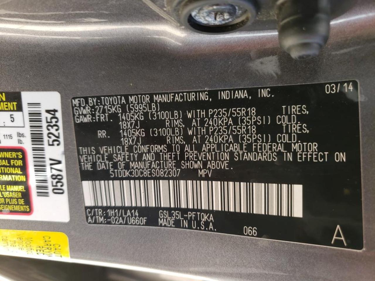 Photo 10 from auction – 2014 TOYOTA SIENNA XLE with VIN 5TDDK3DC8ES082307