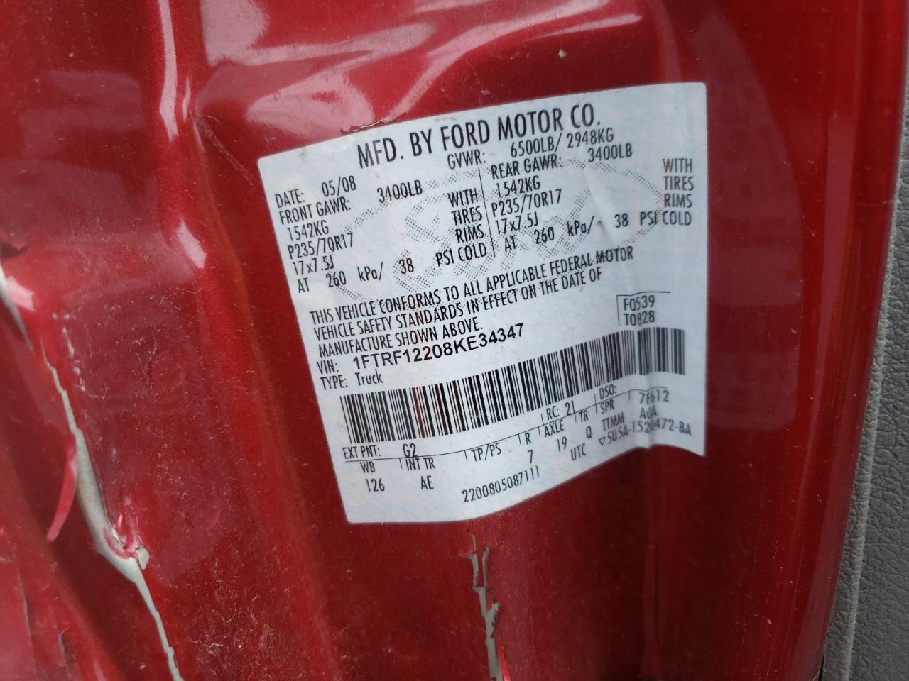 Photo 10 from auction – 2008 FORD F150 with VIN 1FTRF12208KE34347
