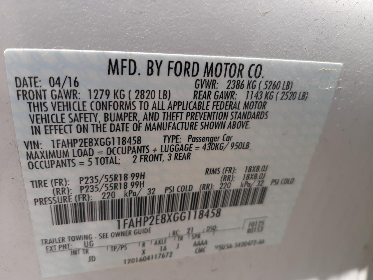 Photo 10 from auction – 2016 FORD TAURUS SEL with VIN 1FAHP2E8XGG118458