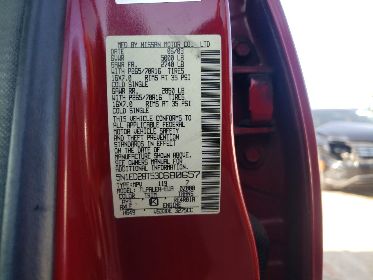 Photo 10 from auction – 2003 NISSAN XTERRA XE with VIN 5N1ED28T53C680657