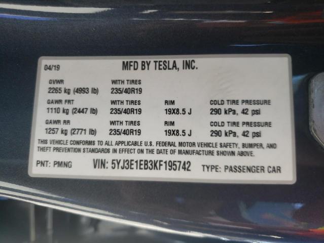Photo 10 from auction – 2019 TESLA MODEL 3 with VIN 5YJ3E1EB3KF195742