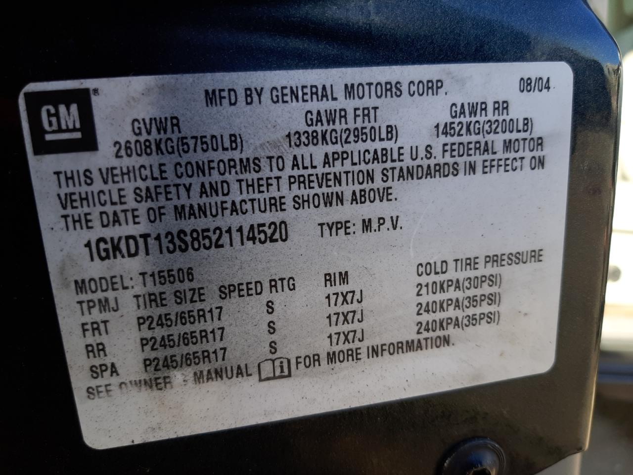 Photo 10 from auction – 2005 GMC ENVOY with VIN 1GKDT13S852114520