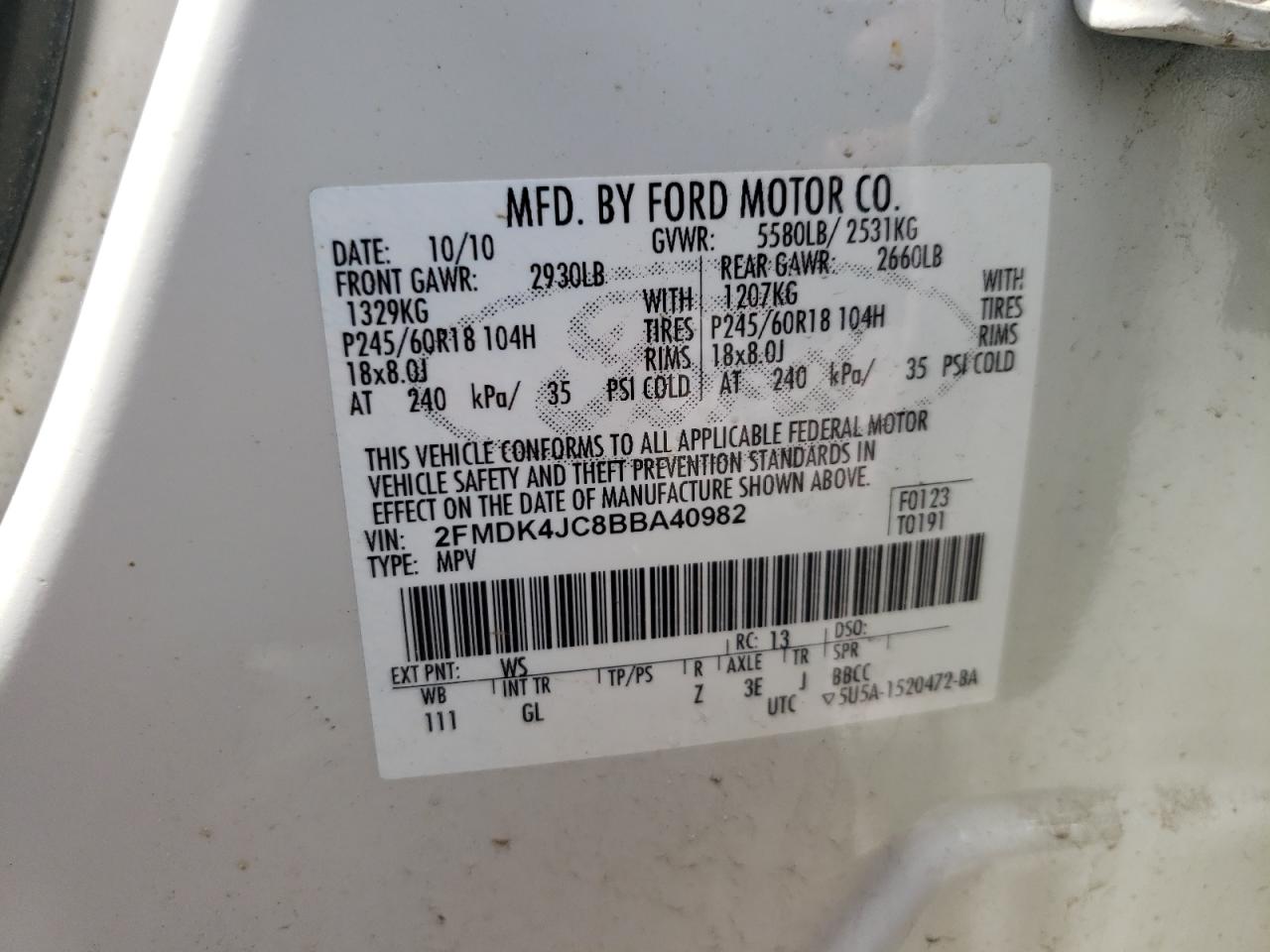 Photo 10 from auction – 2011 FORD EDGE SEL with VIN 2FMDK4JC8BBA40982