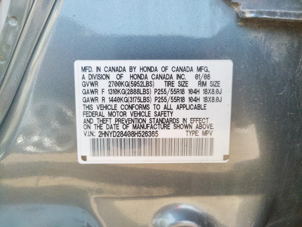 Photo 10 from auction – 2008 ACURA MDX TECHNO with VIN 2HNYD28408H526365