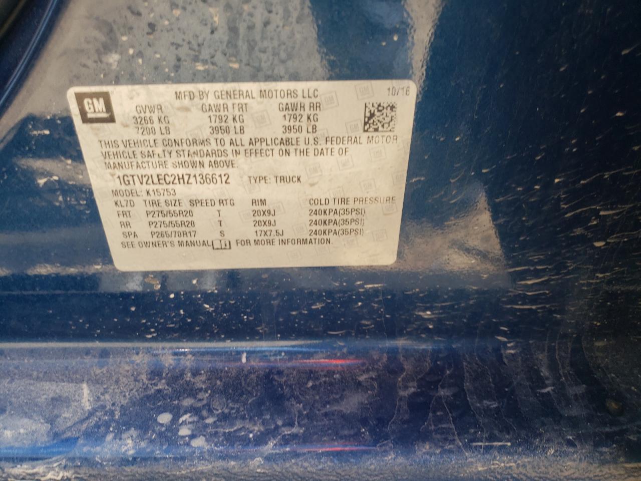Photo 10 from auction – 2017 GMC SIERRA K15 with VIN 1GTV2LEC2HZ136612